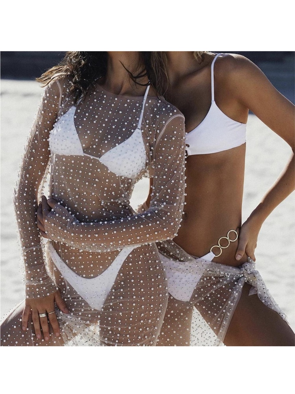 Sheer Pearl and Rhinestone Dot Mesh Beach Cover-Up in White